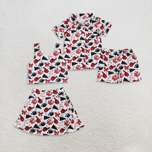 RTS Sibling Baby Girls Red Bow Football Top Skirt Set Team Activewear Uniform Short Sleeve Outfit for Sports And Fitness