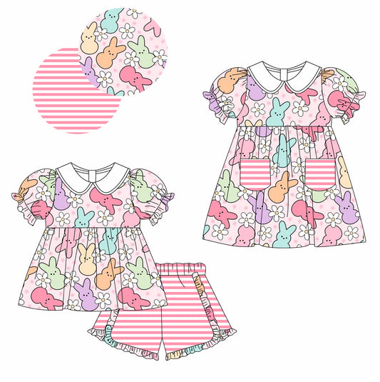 Baby Girls Pink Easter Rabbits Flowers Tunic Ruffle Shorts Clothes Sets and Dress Preorder