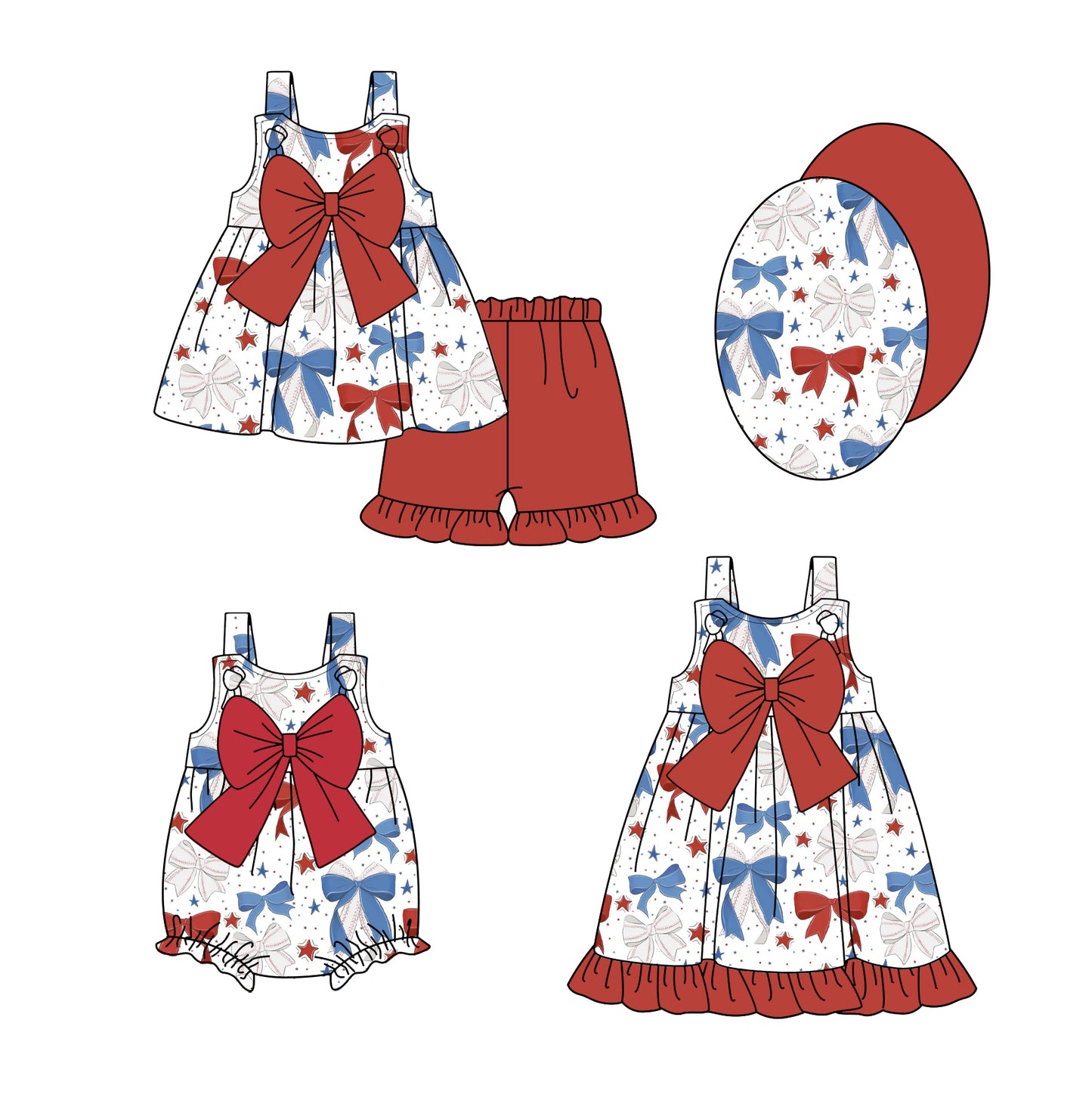 Straps blue red baseball bow tunic shorts girls clothes