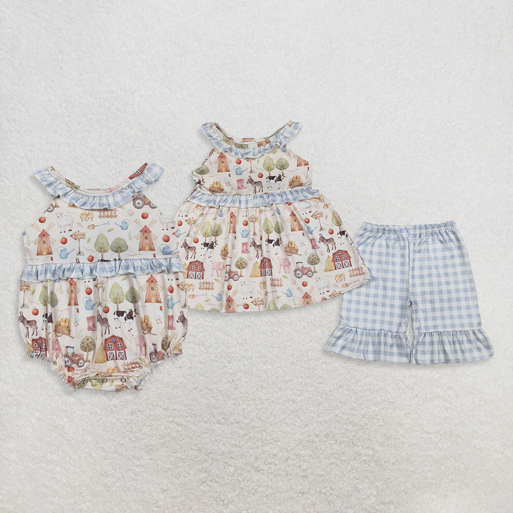 RTS Sibling Sleeveless farm ruffle tunic plaid shorts girls summer outfits and romper