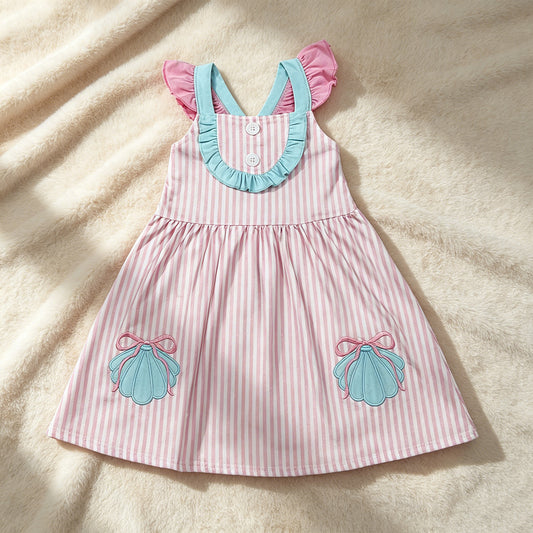 GSD3958 RTS NO MOQ （In stock）Embroidery Baby Girls Pink Stripe Button Bows Pockets Knee Length Dresses
