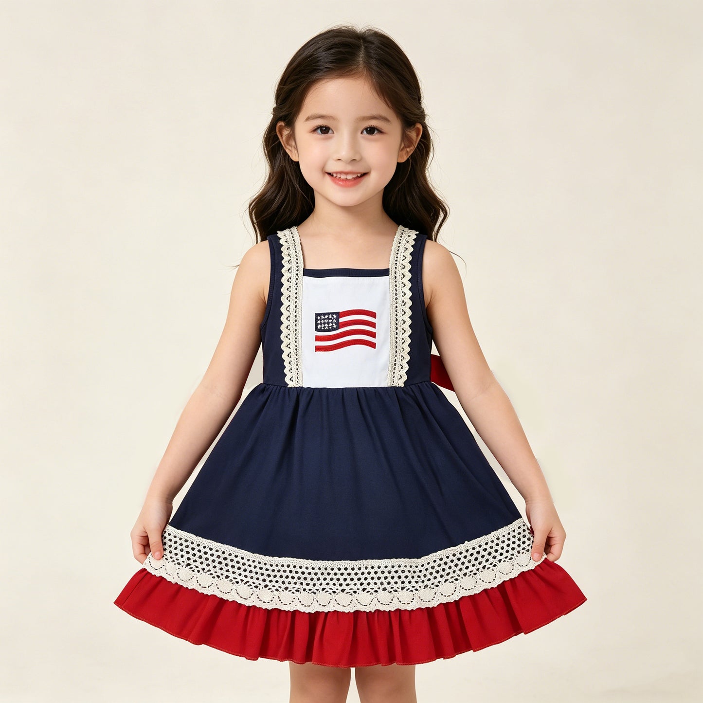 4.11 GSD4087 RTS NO MOQ （In stock ）Baby Girls Sleeveless Embroidery Flags 4th of July Belt Ruffle Knee Length Dresses