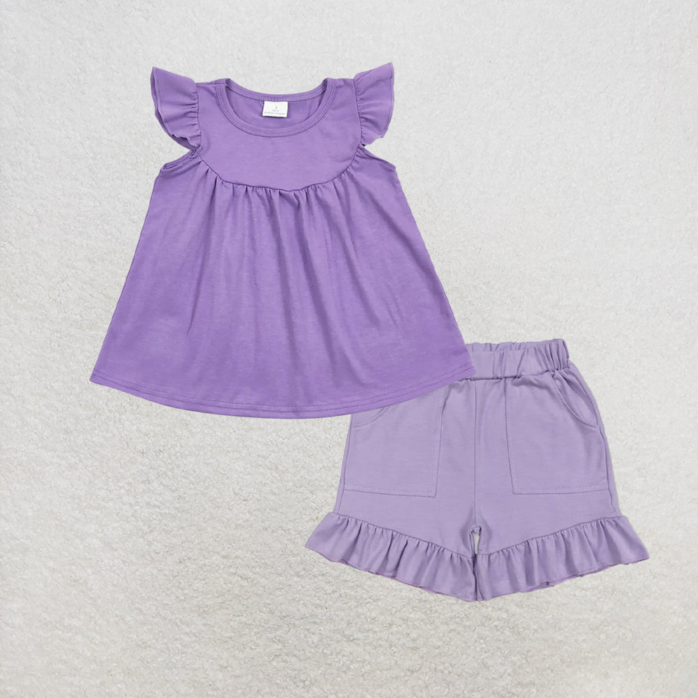 6.1 RTS NO MOQ （In stock）GT0461+SS0561 Lavender flutter sleeves cotton baby girls shirt with ruffle pockets summer cotton shorts