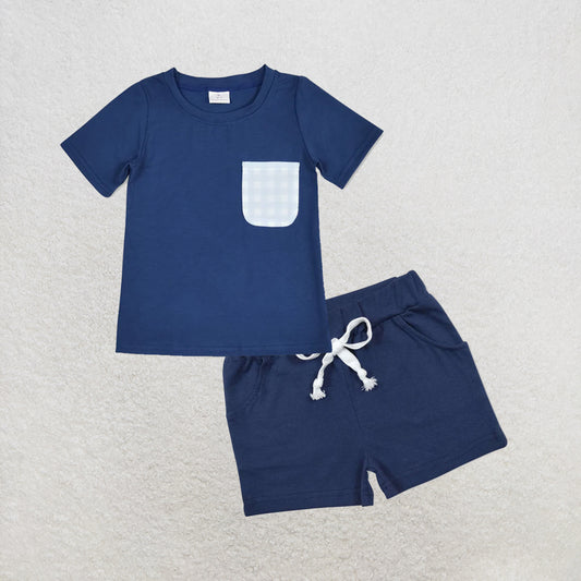 5.14 RTS NO MOQ （In stock）BT0705+SS0136 Short sleeves plaid pocket blue kids boys shirt outfits