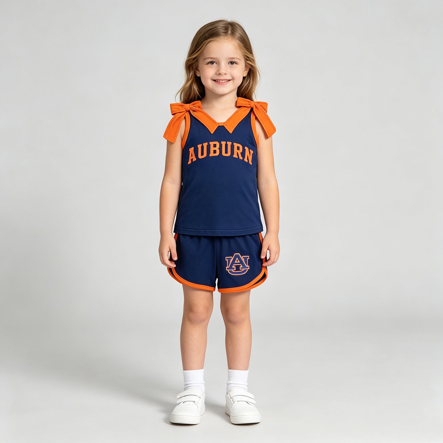 GSSO3828 RTS NO MOQ （In stock）Sleeveless orange bow navy top shorts team girls outfits