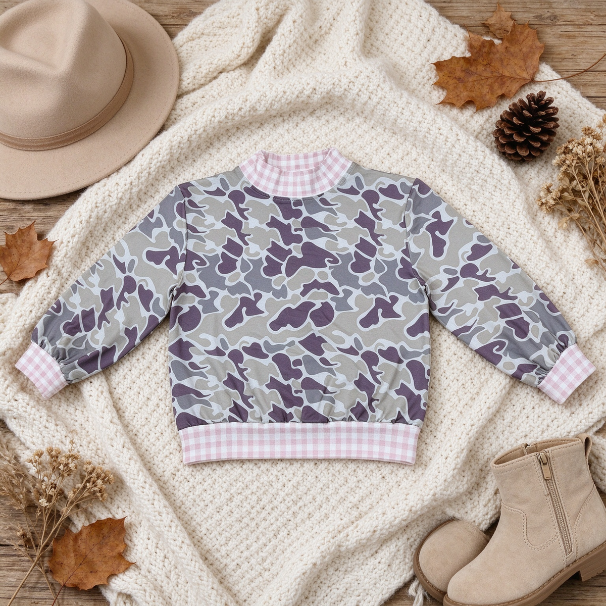 RTS NO MOQ （In stock）milk silk GT1873 Baby Girls Long Sleeve Grey Camo Pink Checked T-shirts Top