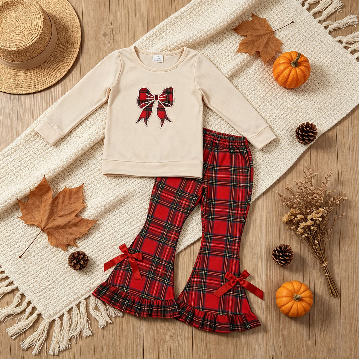 RTS NO MOQ milk silk GLP3547 Embroidery Checked Bow Baby Girls Ruffle Bell Bottom Pant Christmas Clothes Sets