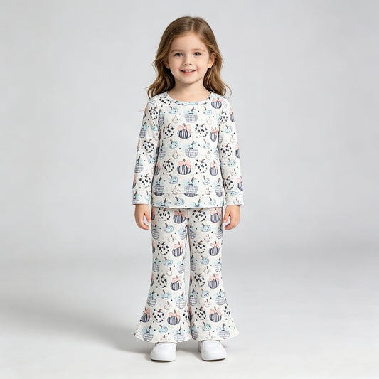 GLP3403 RTS NO MOQ （In stock）Long sleeves pumpkin bow top pants kids girls fall clothes