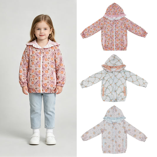 RTS Sibling Pumpkin plaid pocket ruffle zipper girls fall hooded jacket