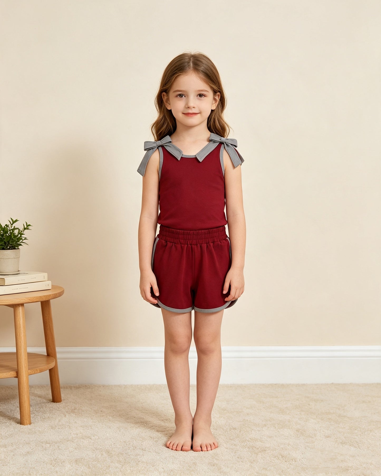 GSSO3820 RTS NO MOQ （In stock）Sleeveless grey bow maroon top shorts team girls outfits