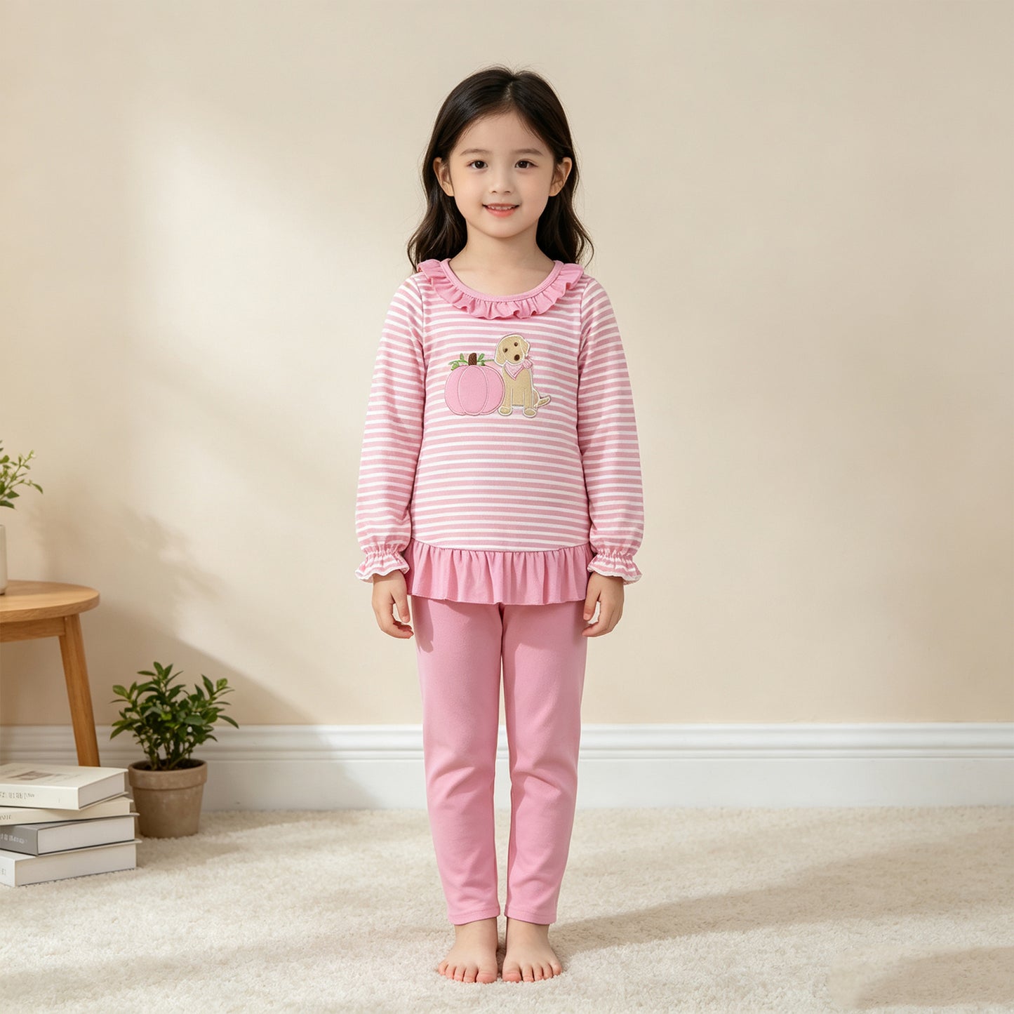 GLP3480 RTS NO MOQ （In stock）milk silk Embroidery Baby Girls Pink Stripe Pumpkin Dog Print Long Sleeve Tunic Legging Fall Outfit Set