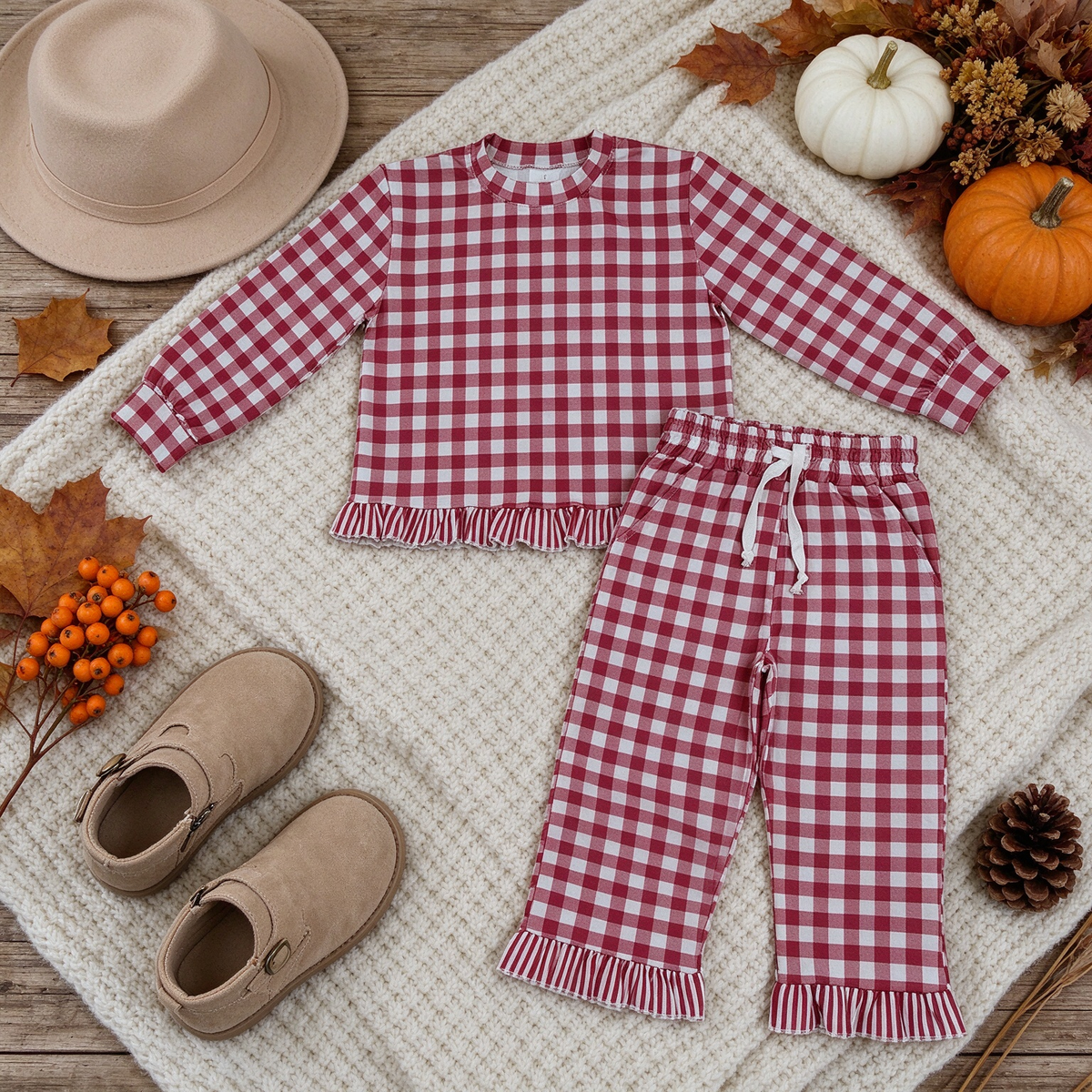 RTS NO MOQ （In stock）milk silk GLP3675 Baby Girls Long Sleeve Plaid Checked Top Ruffle Pant Outfit