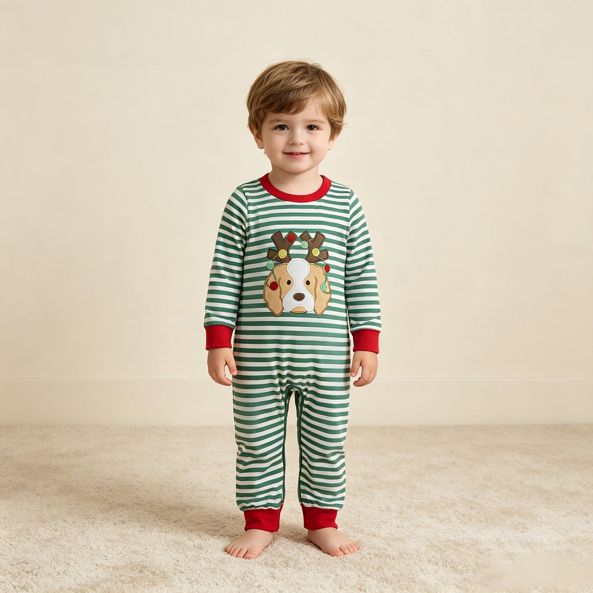 RTS NO MOQ milk silk LR3146 Embroidery Lights Dog Baby Boys Green Stripe Christmas Pant Rompers