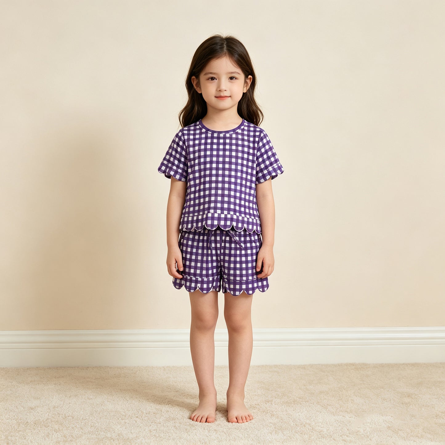 RTS NO MOQ （In stock）milk silk GSSO3841 Baby Girls Purple Check Shirt Top Elastic Scallop Shorts Set