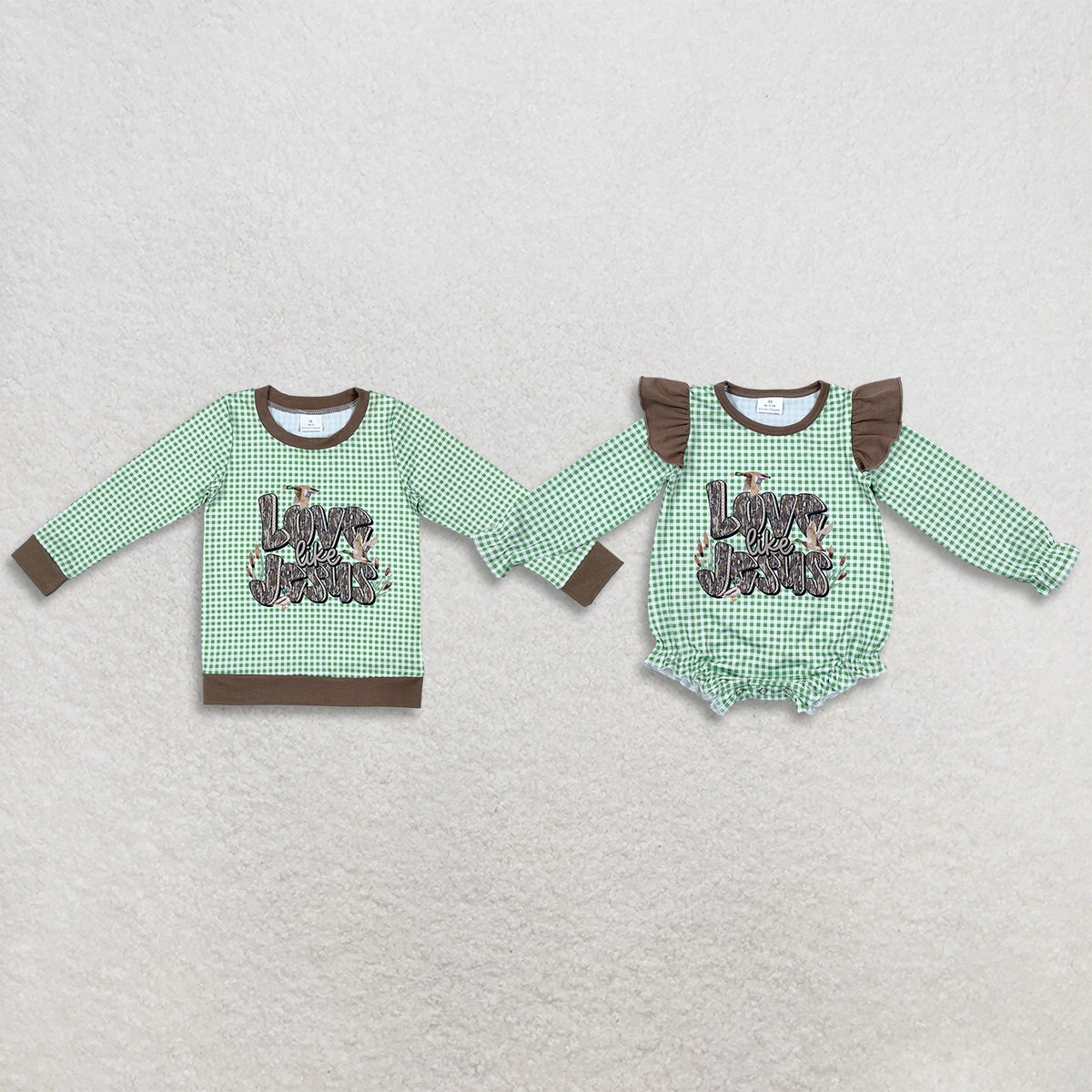 RTS NO MOQ Sibling milk silk Baby Boys Green Gingham Duck Print Long Sleeve Top Baby Girls Ruffle Bubble Romper