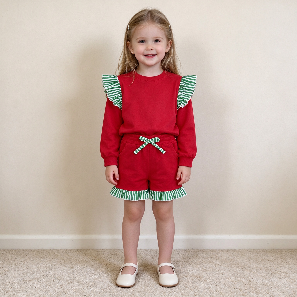 RTS NO MOQ （In stock）cotton GLS0217（GT1844+SS0997）Baby Girls Stripe Flutter Sleeve Red Top Pockets Ruffle Short Clothes Set