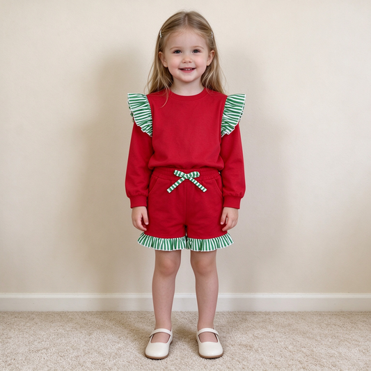 RTS NO MOQ （In stock）cotton GLS0217（GT1844+SS0997）Baby Girls Stripe Flutter Sleeve Red Top Pockets Ruffle Short Clothes Set