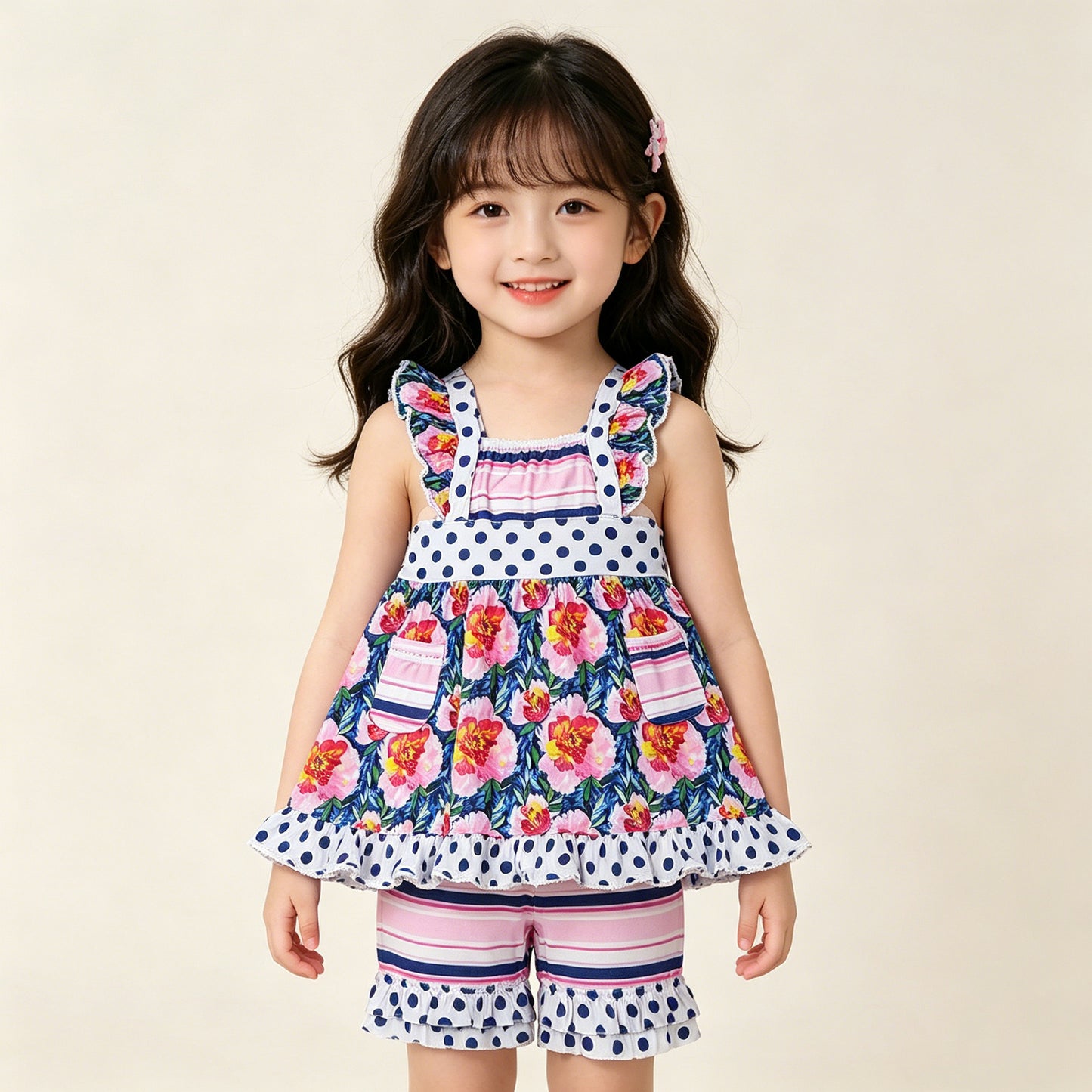 4.10 GSSO3739 RTS NO MOQ （In stock ）Baby Girls Flutter Sleeve Flowers Pockets Tunic Ruffle Short Clothes Set
