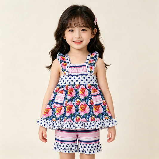 4.10 GSSO3739 RTS NO MOQ （In stock ）Baby Girls Flutter Sleeve Flowers Pockets Tunic Ruffle Short Clothes Set