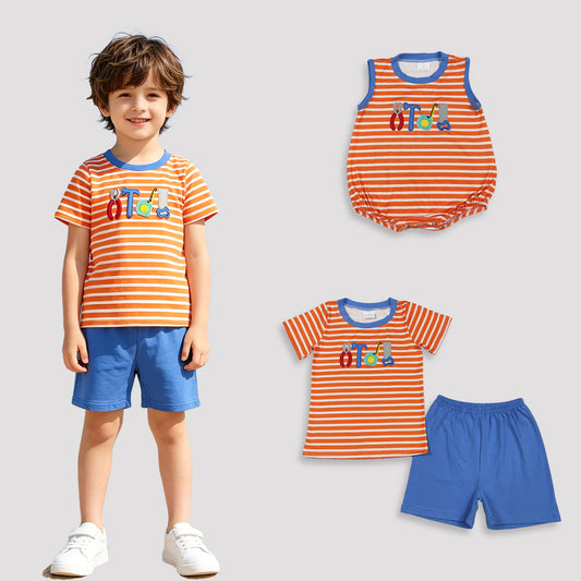 RTS Sibling Short sleeves stripe tools embroidery top shorts boys outfits and romper