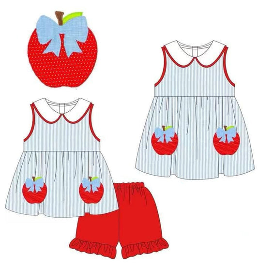 Girls Stripe Apple Bow Tunic Short Set Back to School Clothes Vintage Preppy Outfit Ages 4-12