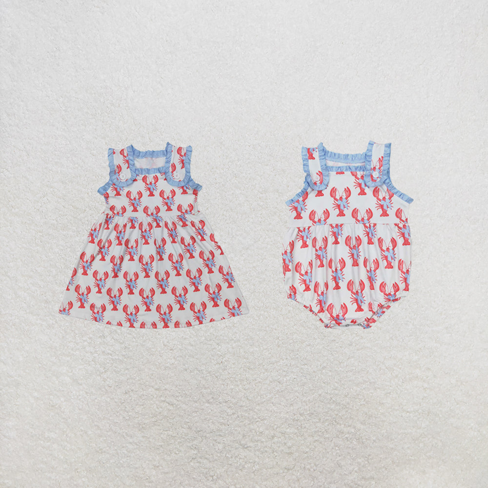 RTS Sibling Sleeveless crawfish bow baby girls summer dress and romper