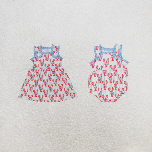 RTS Sibling Sleeveless crawfish bow baby girls summer dress and romper