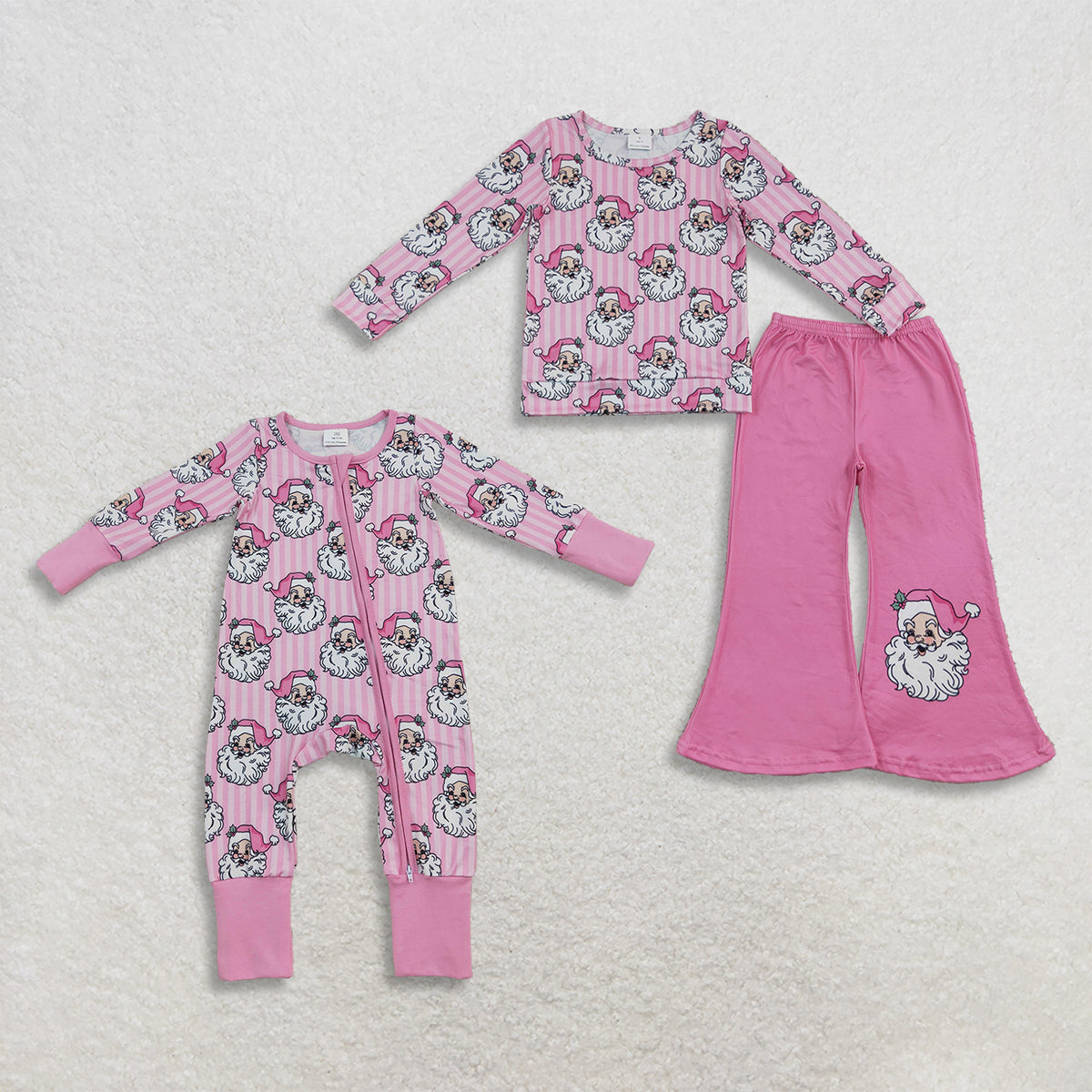 RTS NO MOQ Sibling milk silk Baby Girls Pink Stripe Santa Top Flare Pant Christmas Clothes Sets Romper