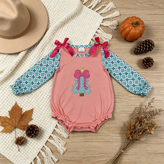 RTS NO MOQ milk silk LR3164 Embroidery Bow Trees Baby Girls Polka Dots Christmas Ruffle Rompers