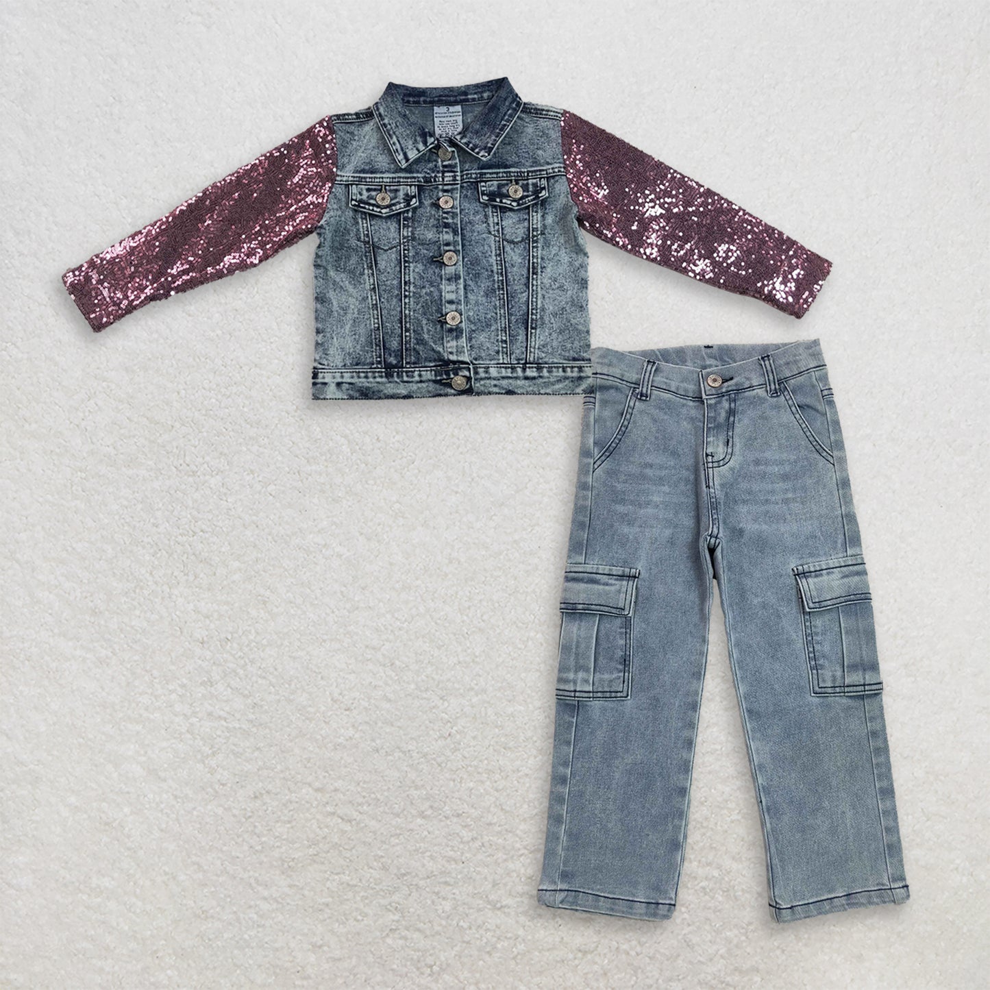 GT1731+P1049 RTS NO MOQ （In stock）Baby Girls Sequin Long Sleeve Blue Denim Jacket Jeans Matching Set