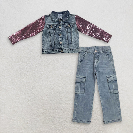 GT1731+P1049 RTS NO MOQ （In stock）Baby Girls Sequin Long Sleeve Blue Denim Jacket Jeans Matching Set