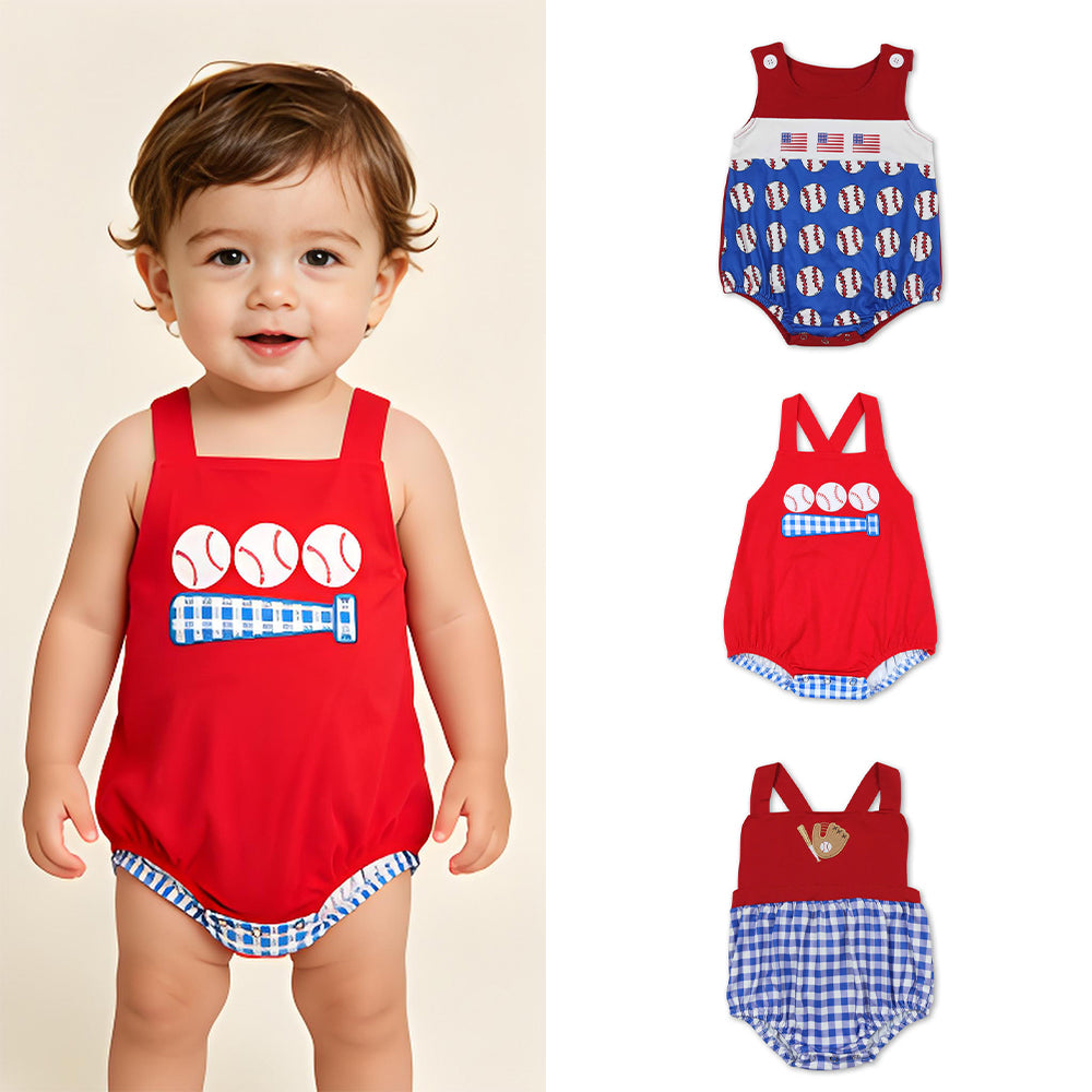 RTS Sibling Embroidery Sleeveless baseball flag baby boys romper