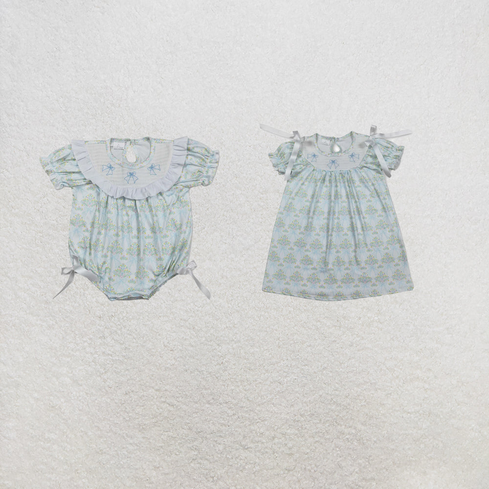 RTS Sibling Short sleeves bow smocked floral baby girls dresses and romper