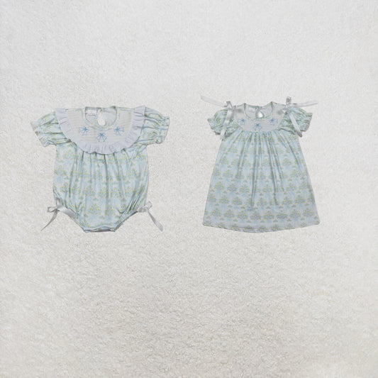 RTS Sibling Short sleeves bow smocked floral baby girls dresses and romper