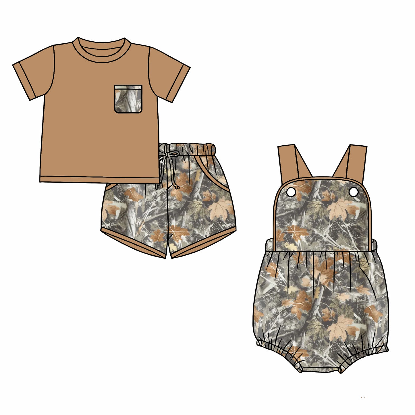 CUSTOM MOQ 5 Sibling Baby Boys Summer Khaki Trees Short Sleeve Shorts Rompers Clothes Sets