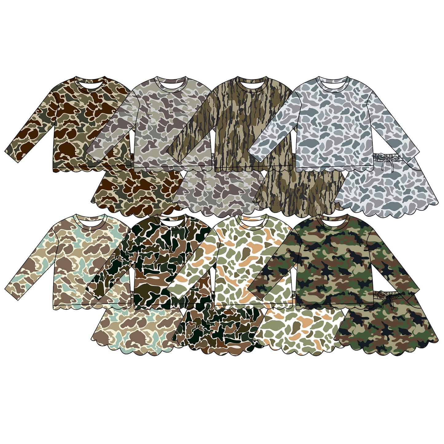 4.29 Pre order No Moq Baby Girls Casual Camo Long Sleeve Top Scallop Pockets Skirt Shorts Bottom Sets
