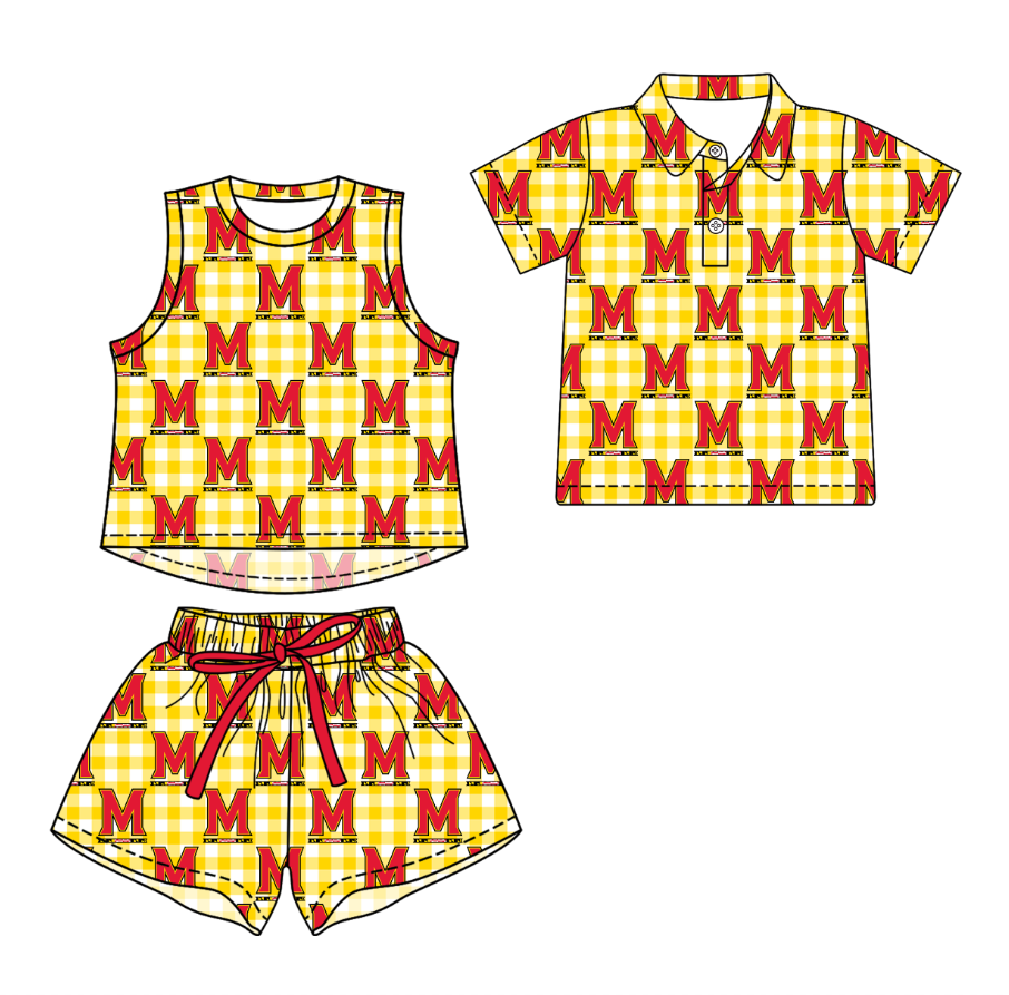 3.16 CUSTOM MOQ 5 Sibling Boys Baby Girls Summer Fashion Yellow Check Red M Sleeveless Top Shorts Button Polo Shirts Team Clothes Sets