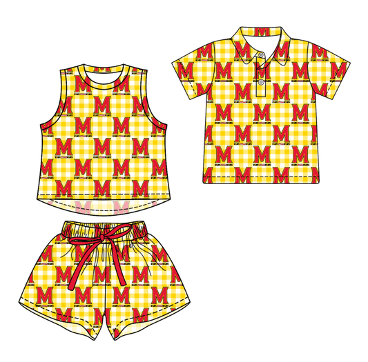 3.16 CUSTOM MOQ 5 Sibling Boys Baby Girls Summer Fashion Yellow Check Red M Sleeveless Top Shorts Button Polo Shirts Team Clothes Sets