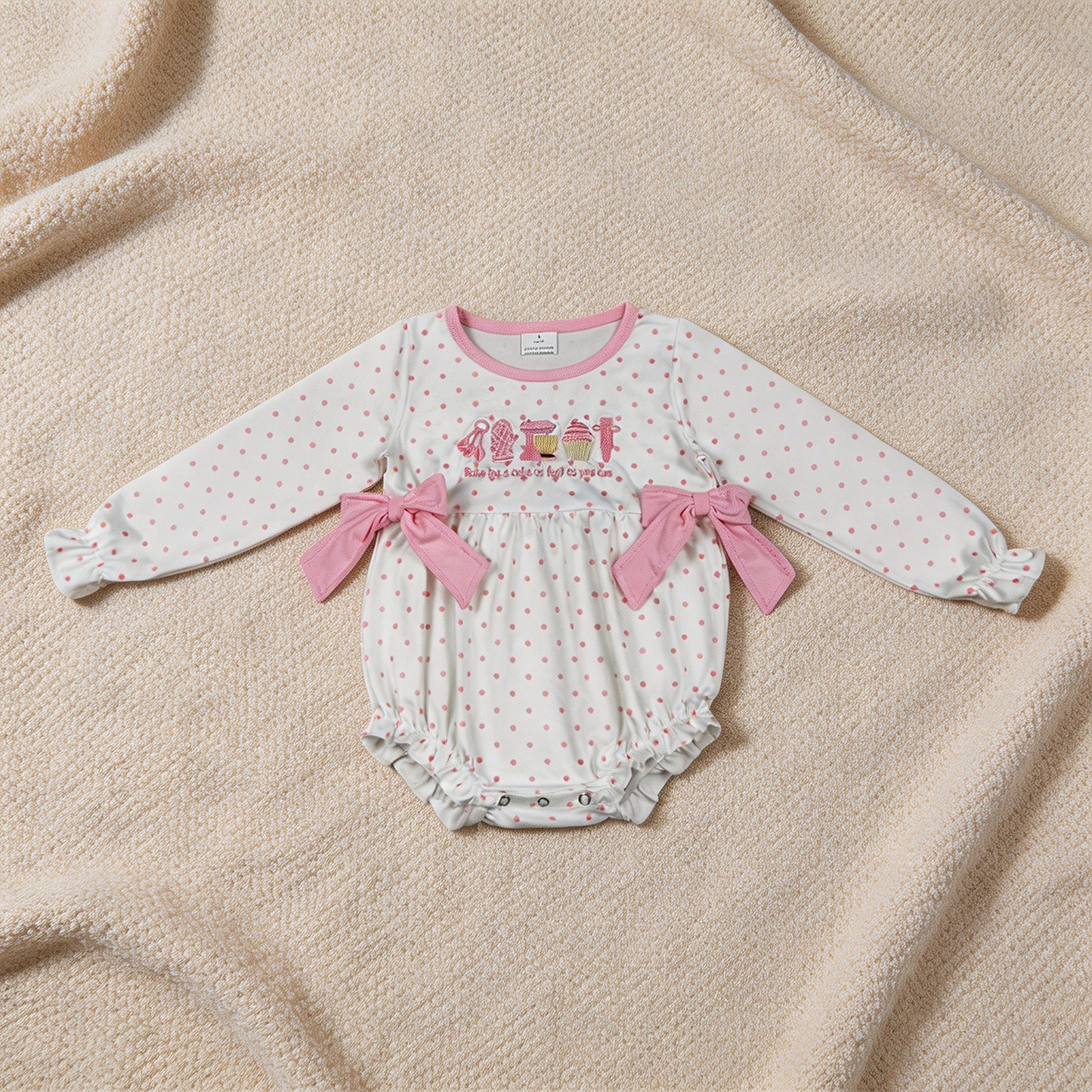 LR2947 RTS NO MOQ （In stock）Long sleeves pink polka dots cake baby girls romper