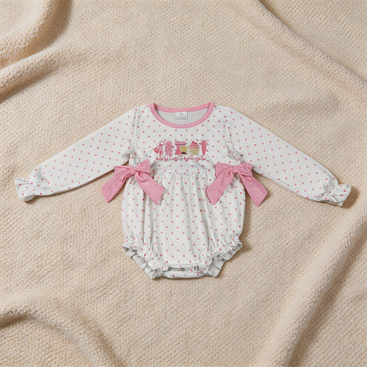 LR2947 RTS NO MOQ （In stock）Long sleeves pink polka dots cake baby girls romper