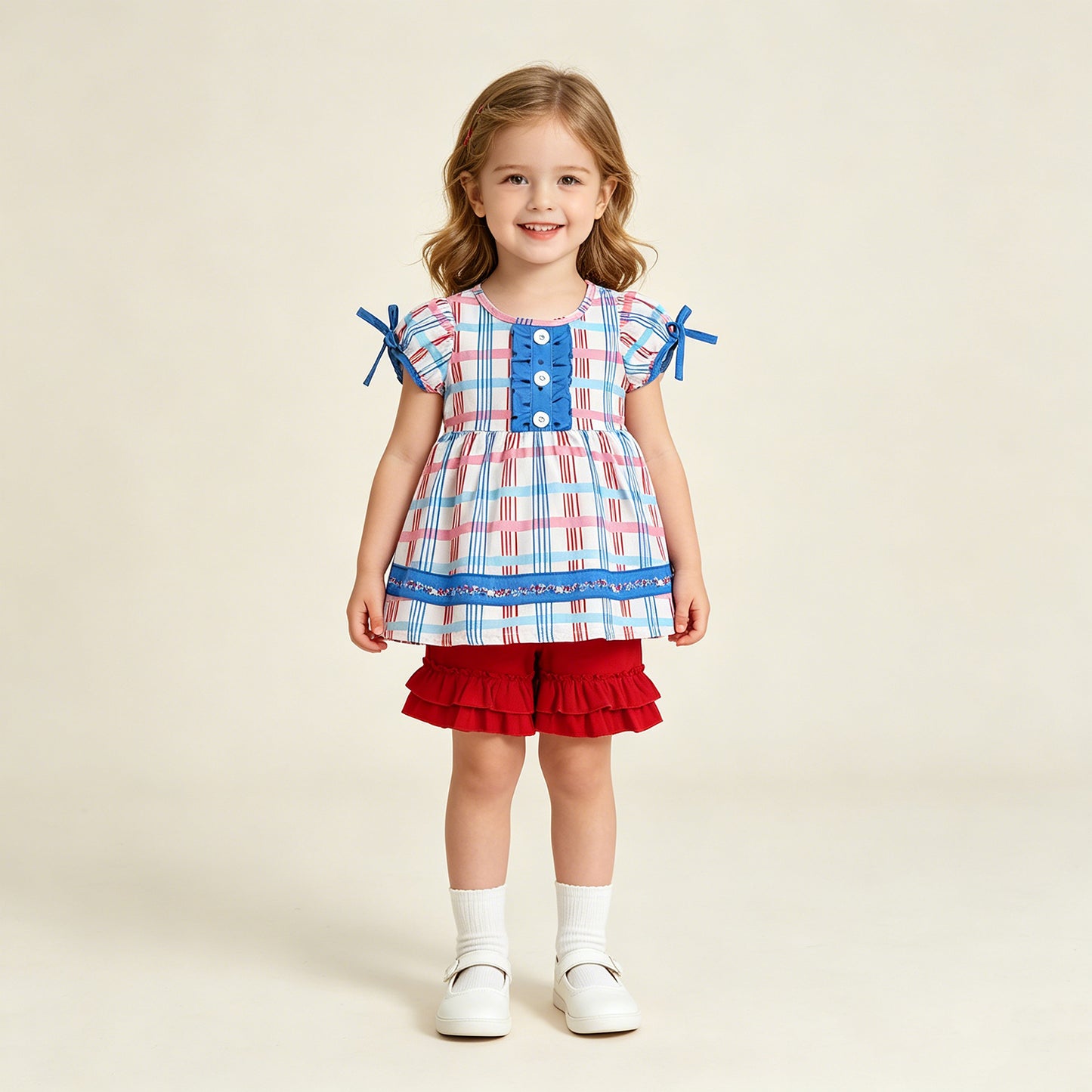 GSSO2815 RTS NO MOQ （In stock ）Plaid ruffle tunic red shorts girls 4th of july outfits