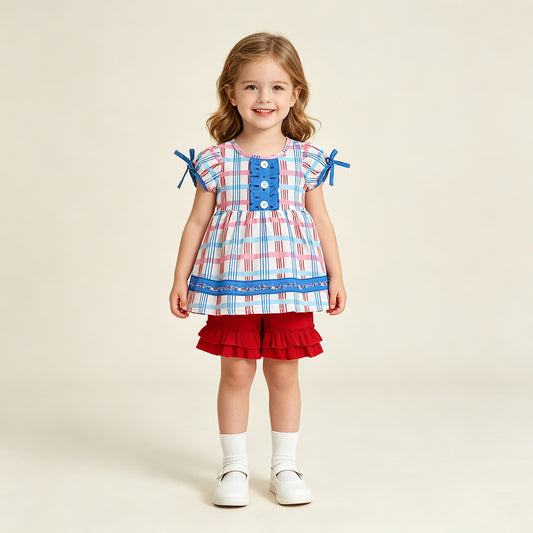 GSSO2815 RTS NO MOQ （In stock ）Plaid ruffle tunic red shorts girls 4th of july outfits