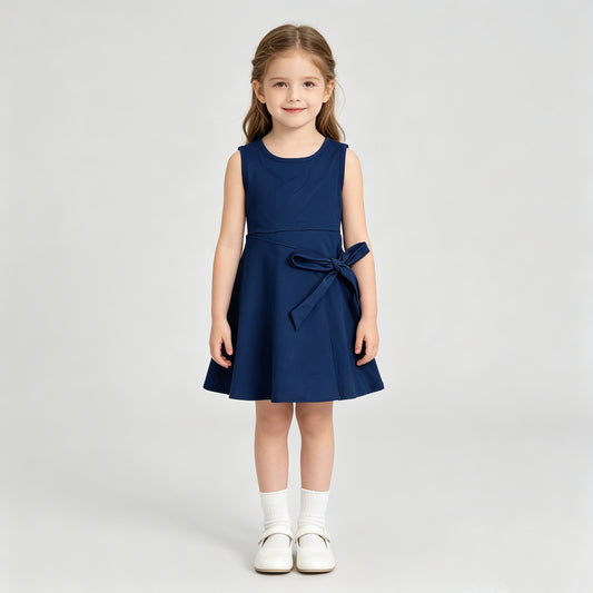 GSD3880 RTS NO MOQ （In stock）Baby Girls Navy Sleeveless Bows Yoga Active Short Knee Length Dress