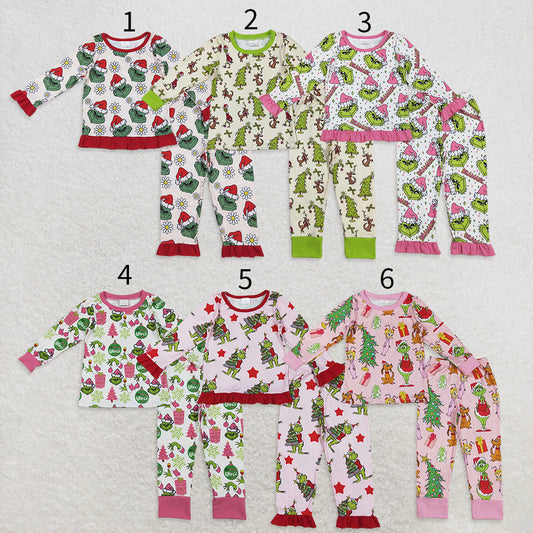 10.1 RTS Sibling Baby Girls Long Sleeve Top Pants Christmas Green Face Pajamas Clothes Sets