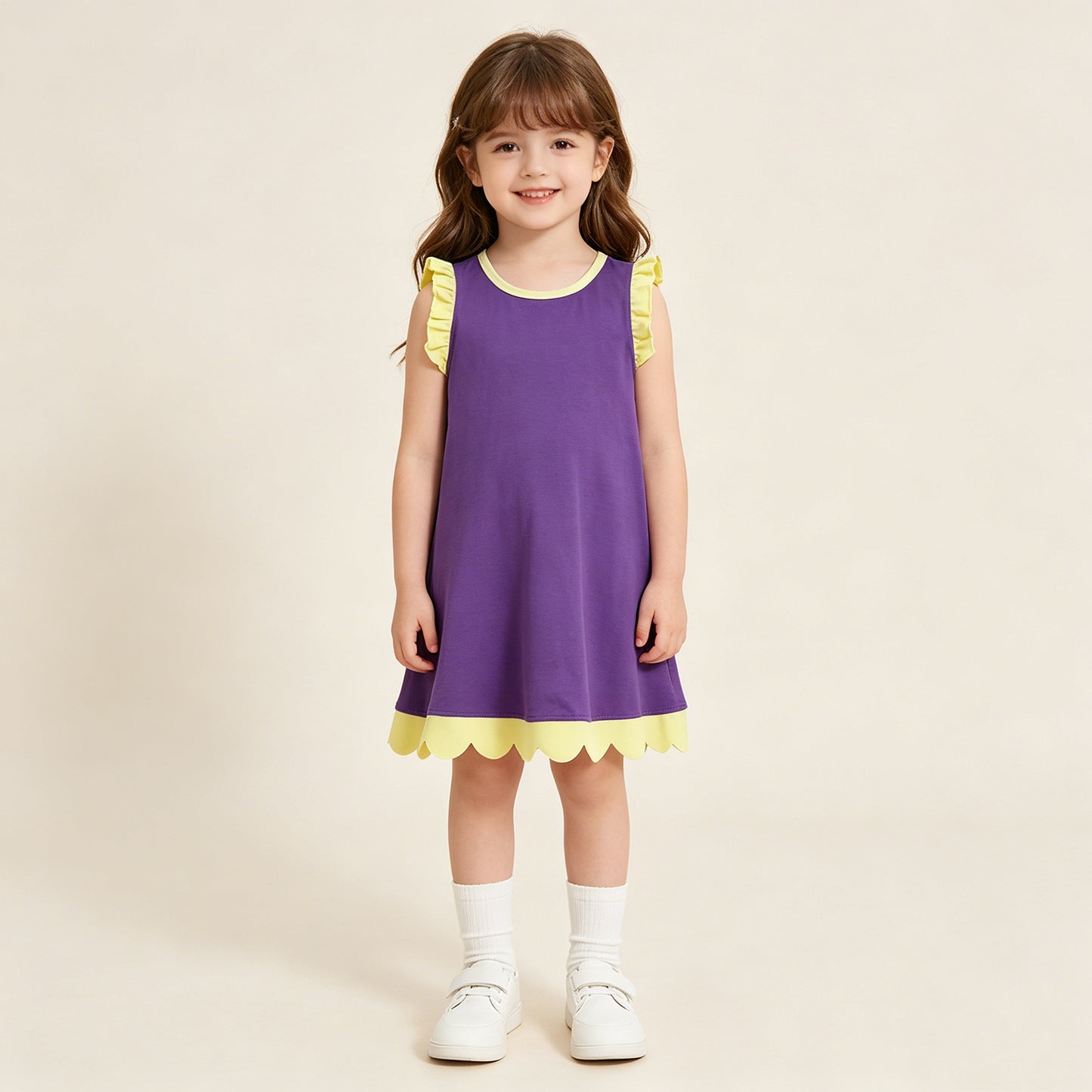 GSD4046 RTS NO MOQ （In stock）Yellow scallop ruffle sleeveless purple girls cotton team dress