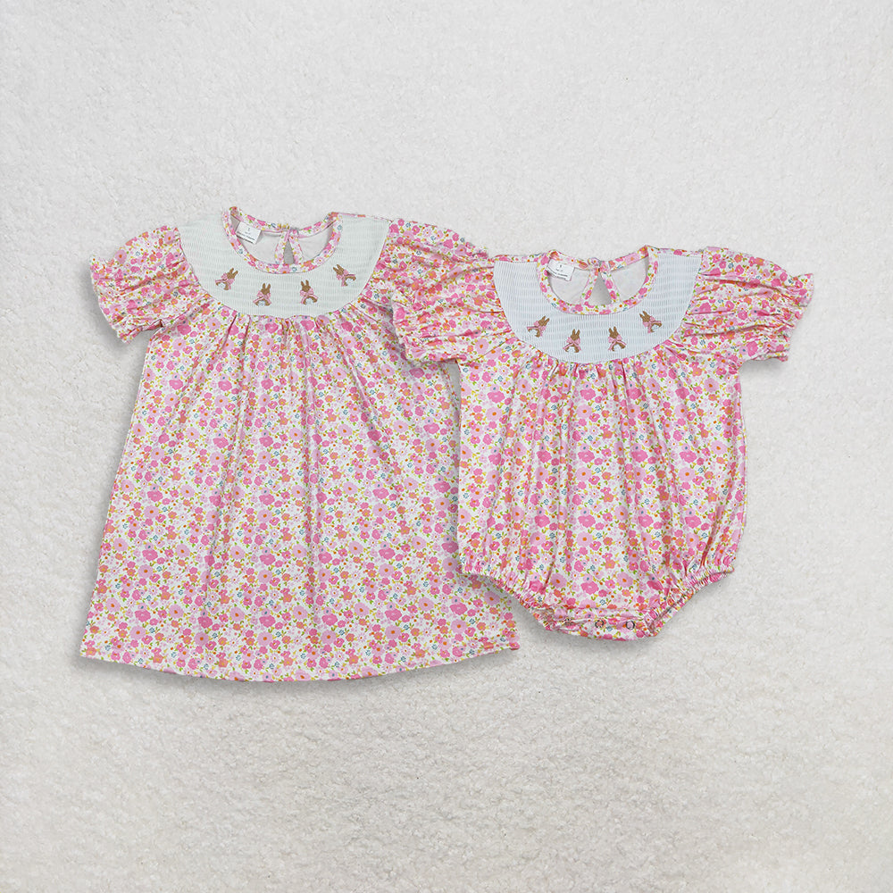 4.1 RTS Sibling Short sleeves pink floral rabbit smocked girl Easter dress