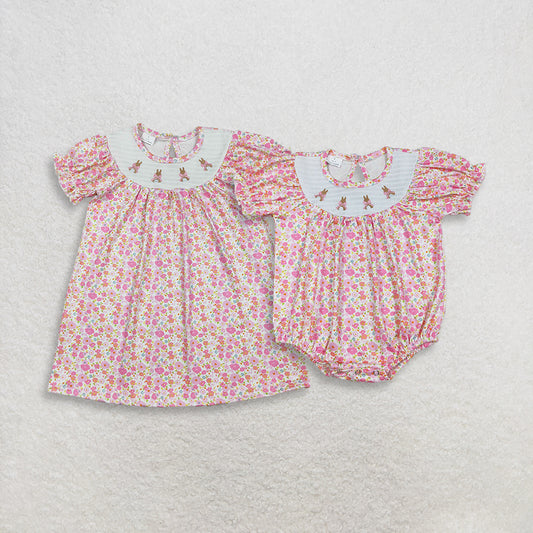 4.1 RTS Sibling Short sleeves pink floral rabbit smocked girl Easter dress