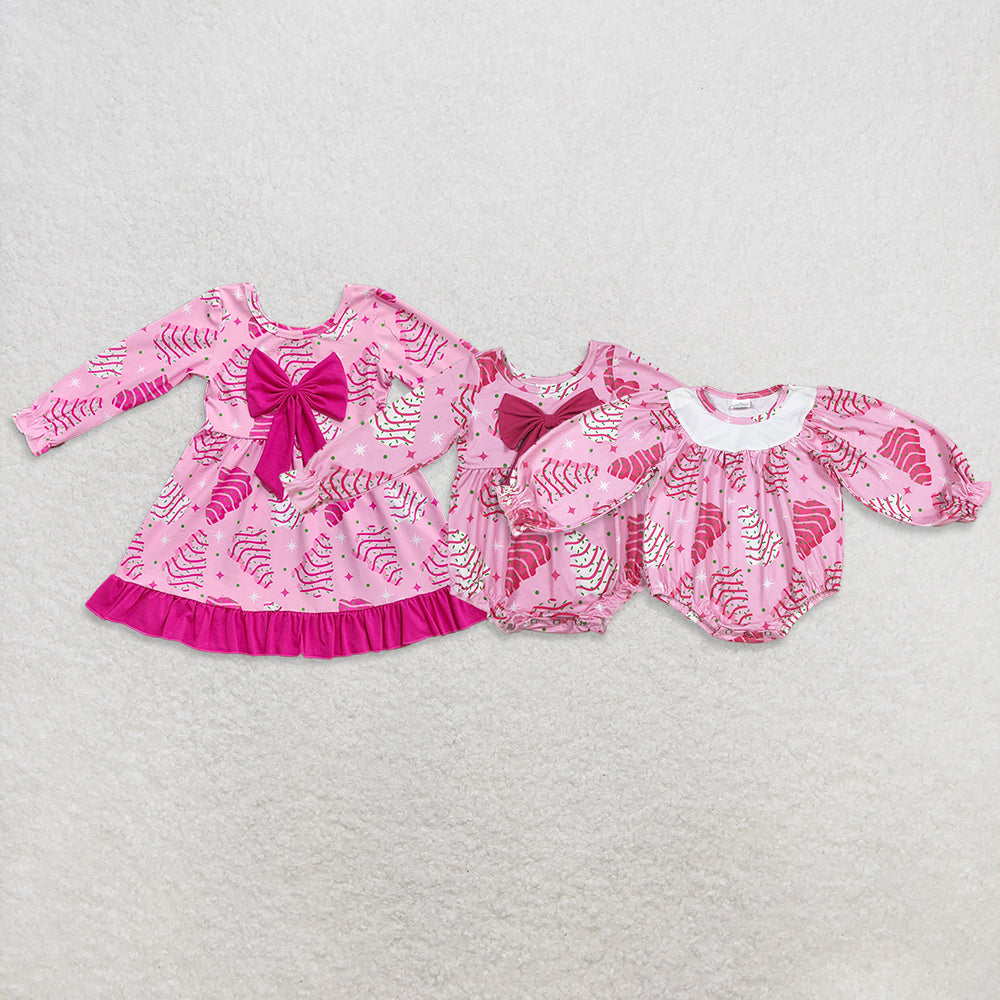 9.30 RTS Sibling Baby Girls Pink Christmas Trees Stars Bows Ruffle Knee Length Dresses Rompers