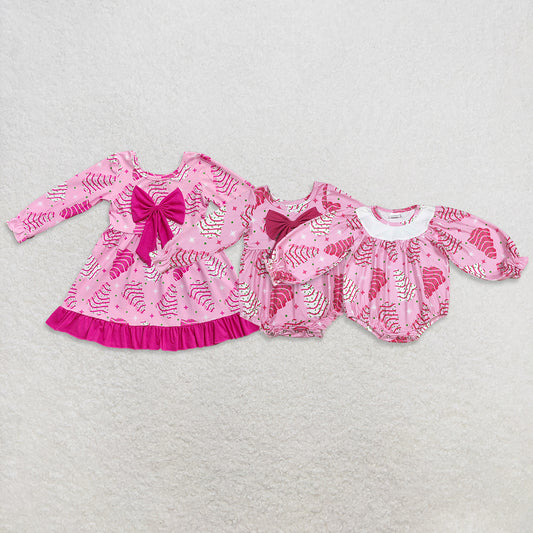 9.30 RTS Sibling Baby Girls Pink Christmas Trees Stars Bows Ruffle Knee Length Dresses Rompers