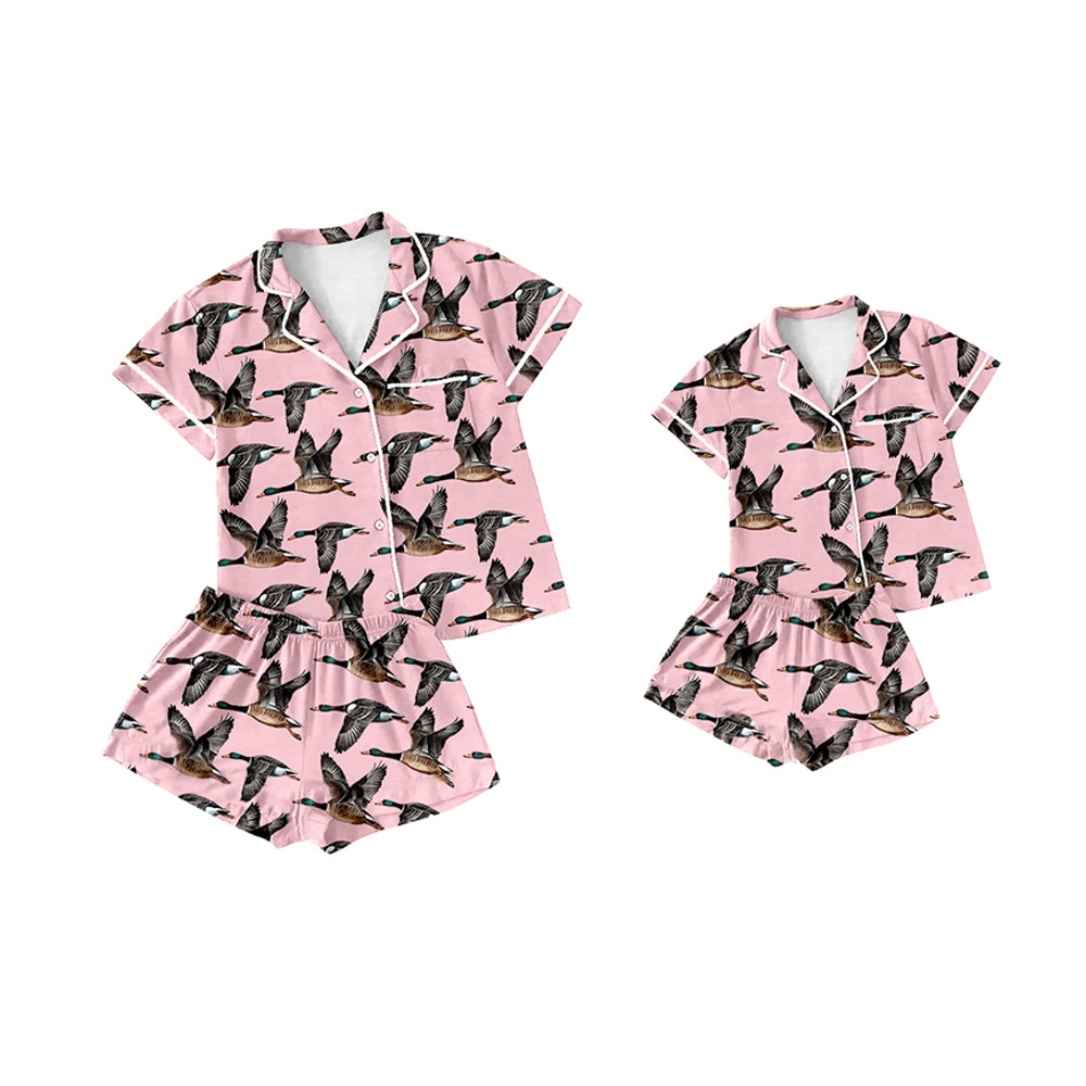 Adult Women  and Baby Girls Pink Ducks Hunting Buttons Top Shorts Pajamas Clothing Sets Preorder